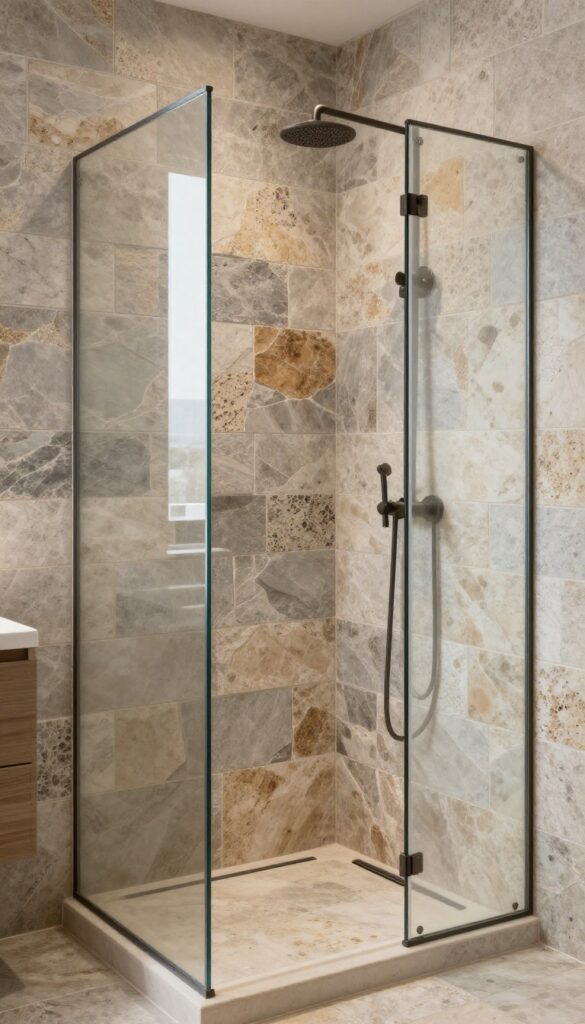 Rustic bathroom shower with textured natural stone tile walls in earthy gray, beige, and warm brown tones, lit by bright natural light.