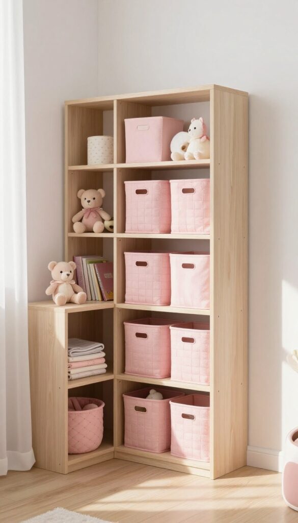 Bright kids bedroom corner with open neutral wood shelves holding soft pink storage bins and baskets filled with toys and blankets in natural morning light
