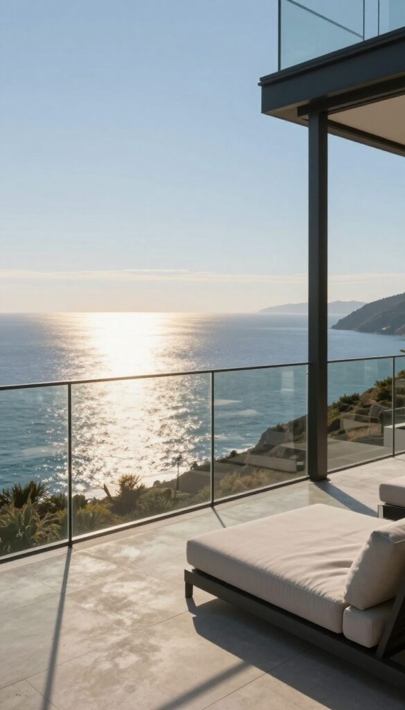 Elevated modern deck with clear glass railing panels overlooking a bright ocean horizon, minimal outdoor furniture, and unobstructed coastal views in natural sunlight