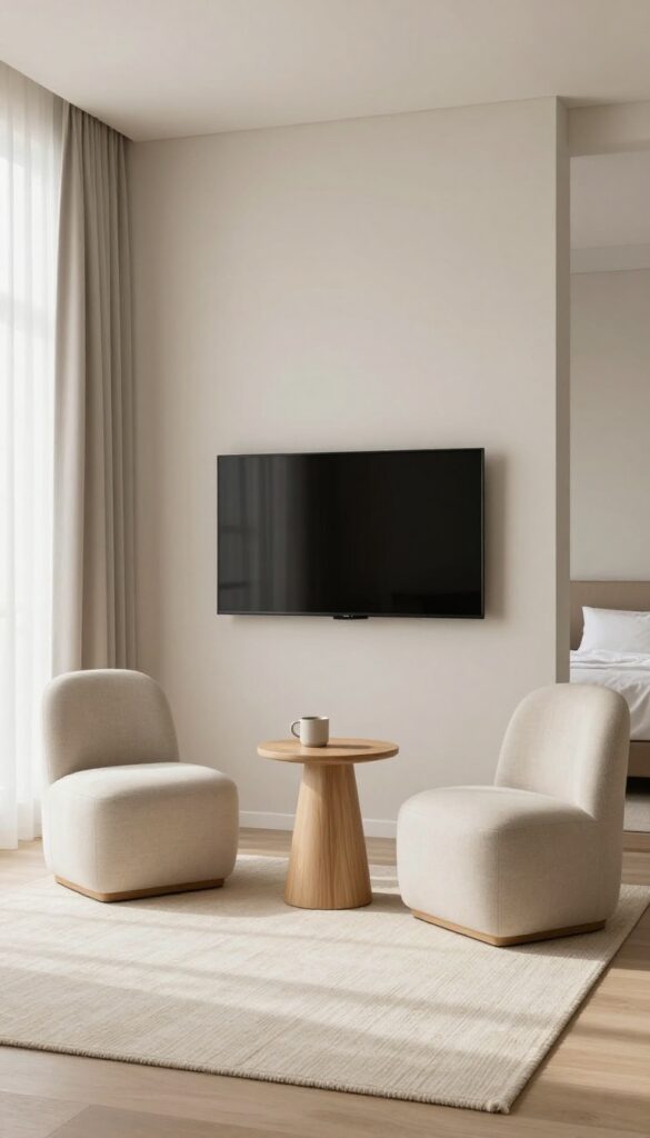A calm bedroom lounge corner with two neutral armchairs facing a wall-mounted TV, a round side table between them, and a soft rug defining the seating area in bright natural light.