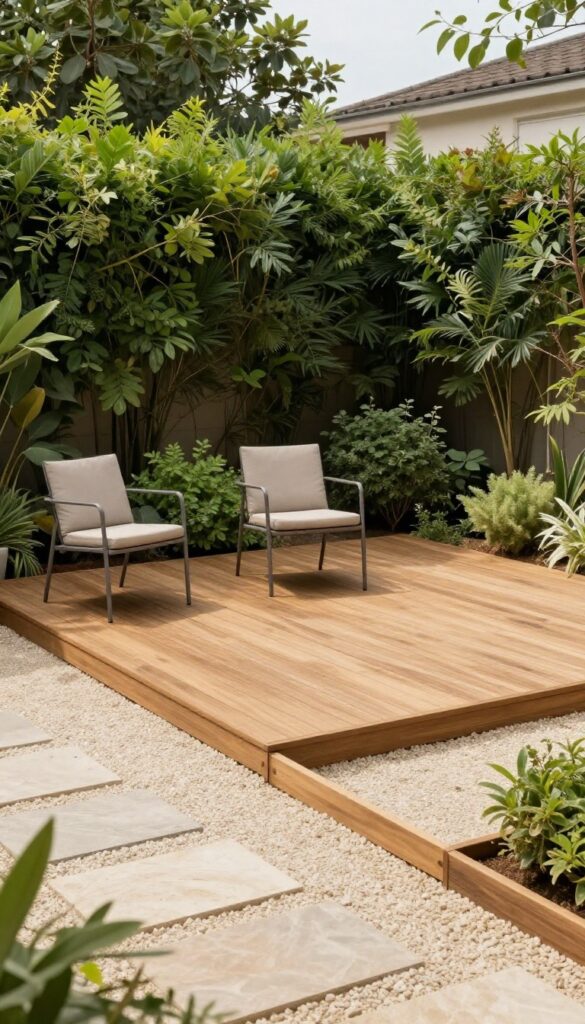 A small backyard with a compact low wooden deck platform bordered by beige gravel sections and wooden edging, surrounded by green plants in bright natural light.