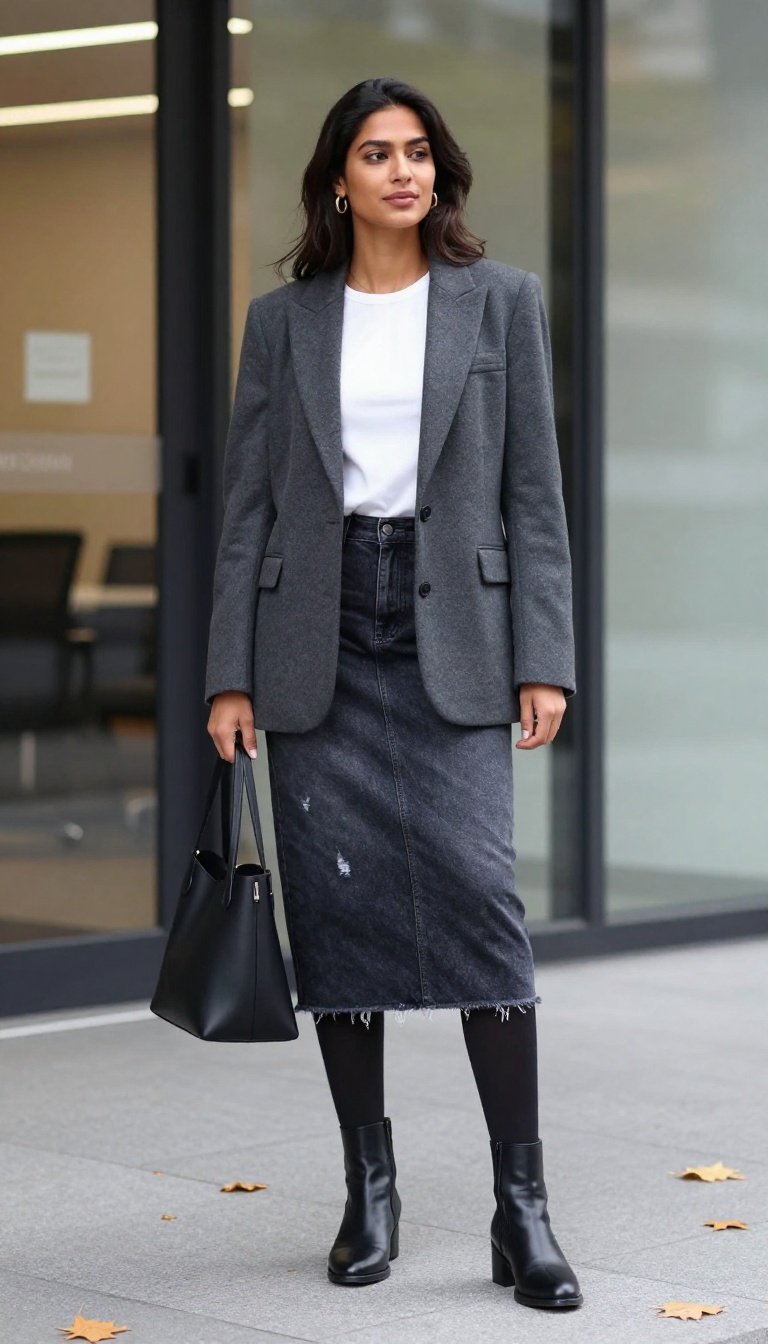 5. Shredded Skirt with a Blazer and Ankle Boots for Work
