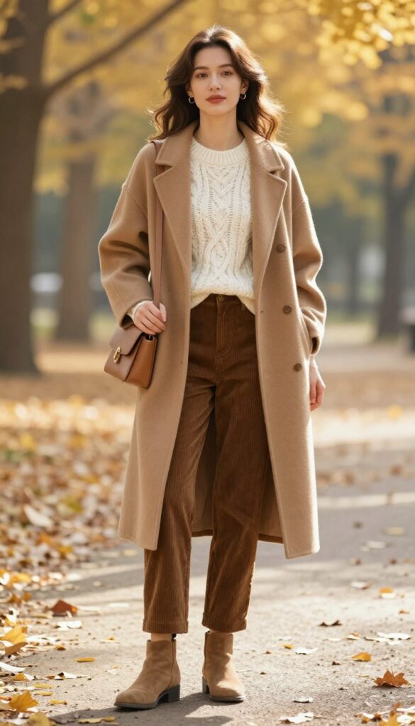 Woman in ivory cable knit sweater and brown corduroy pants with suede ankle boots and camel coat in autumn park