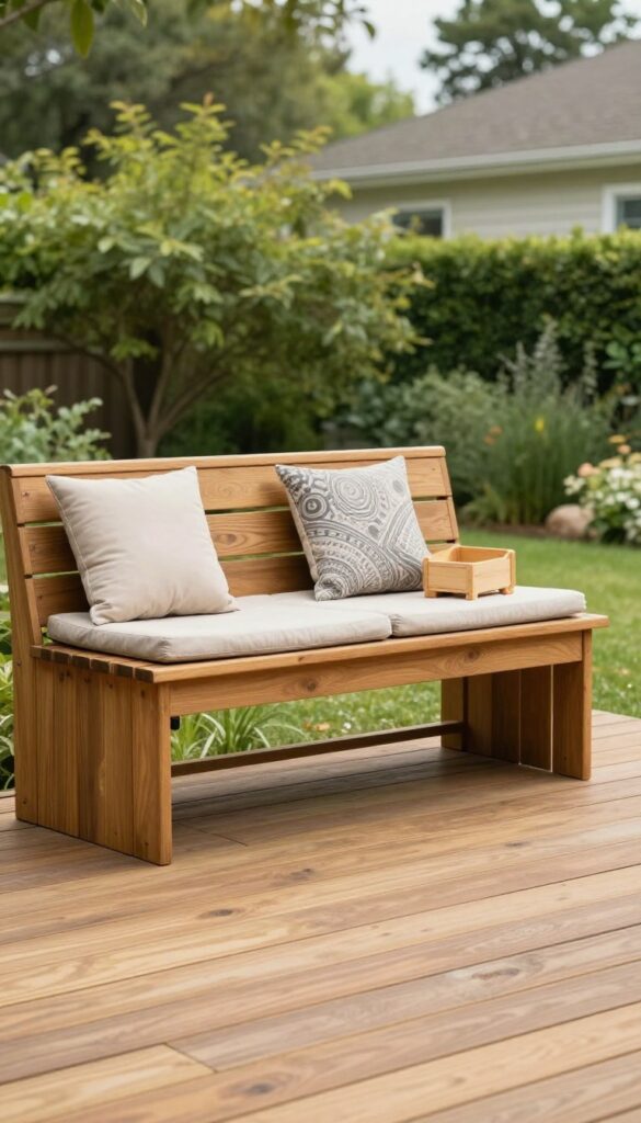 Built-in wooden bench seating with hidden storage on a sunlit backyard deck, topped with patterned weather-resistant cushions and matching wood stain.