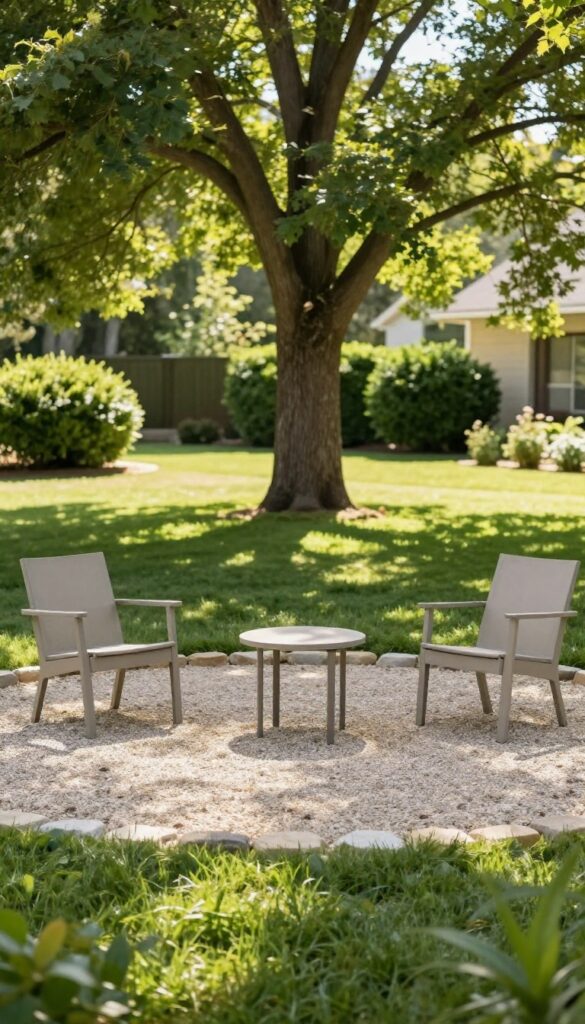 Circular gravel seating area with two chairs and a small table in a sunny front yard, framed by larger stones and a nearby tree