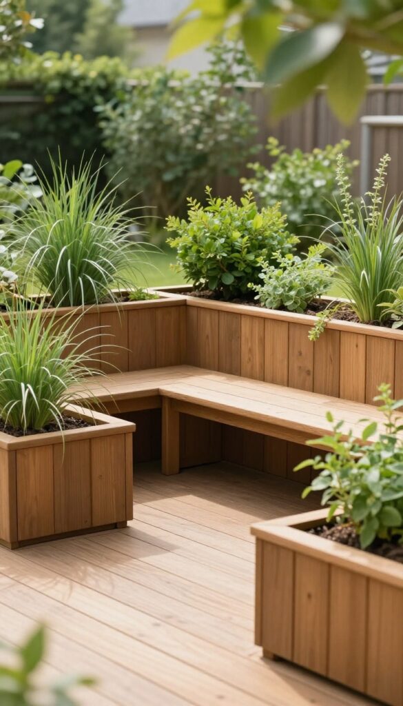 Small ground-level wooden deck with built-in planter boxes filled with cohesive greenery framing a simple bench in bright natural light