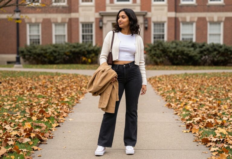 Woman in a fall Y2K outfit with a cropped cardigan, baby tee, low-rise flare jeans, and platform sneakers standing on a campus path.