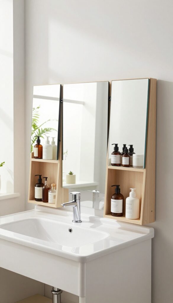 Bright modern bathroom with a tri-fold mirror cabinet above a white vanity, side panels angled outward to show extra viewing angles and shallow shelves holding small toiletries.
