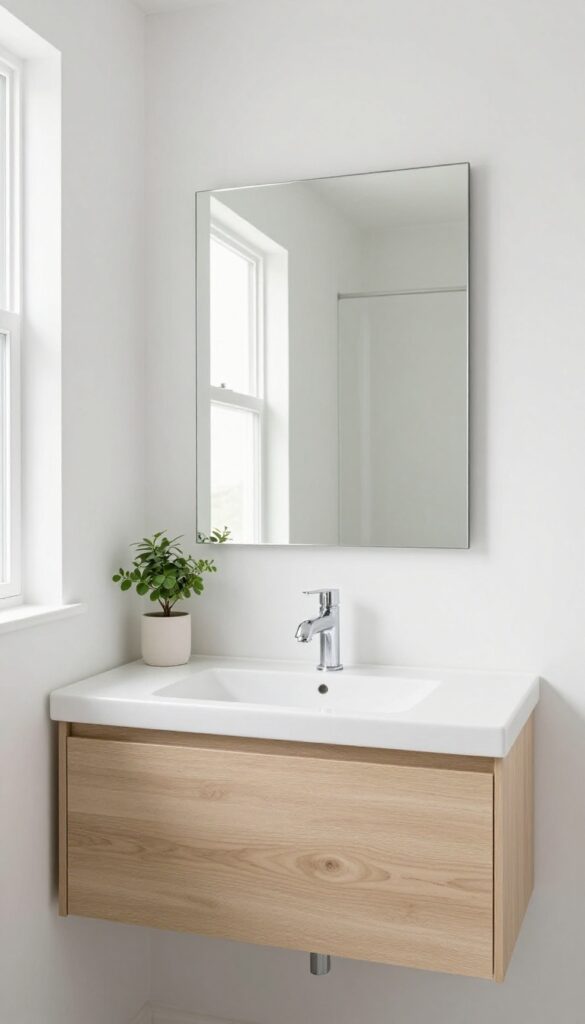 Bright small bathroom with a large frameless mirror above a compact vanity, reflecting natural light and making the space look clean and open.
