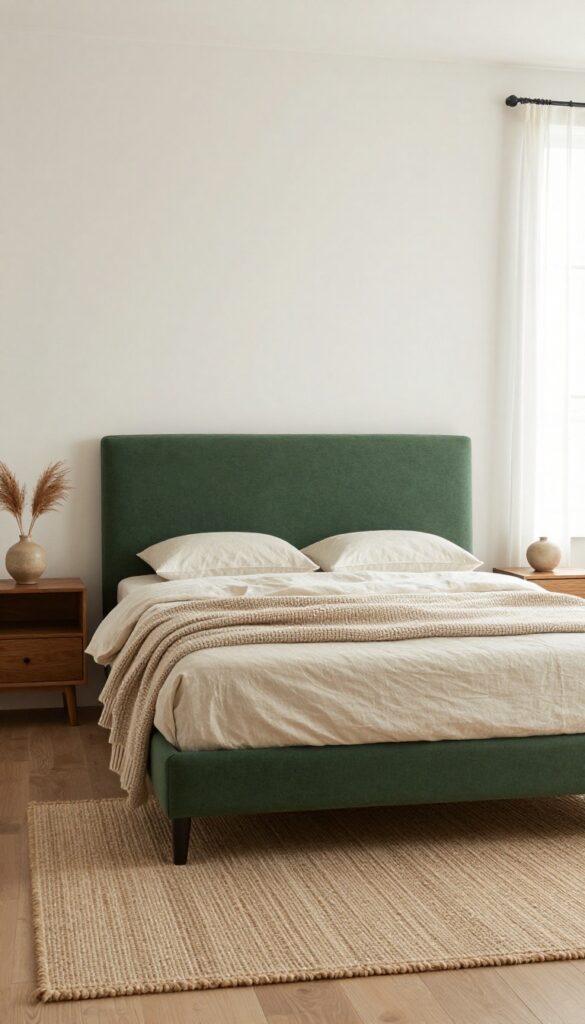 A bright neutral bedroom featuring a forest green upholstered bed frame as a bold statement piece, styled with cream bedding, a knit throw, matte wood nightstands, and a jute rug in soft natural light.
