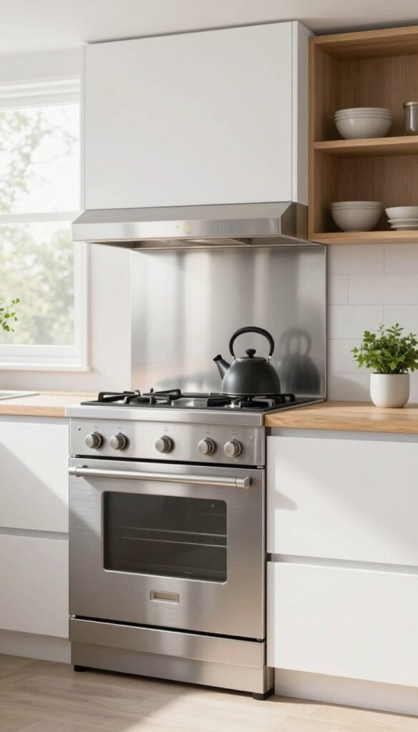 Modern home kitchen with a brushed stainless steel backsplash behind a gas range, white cabinets, wood open shelving, and bright natural light.