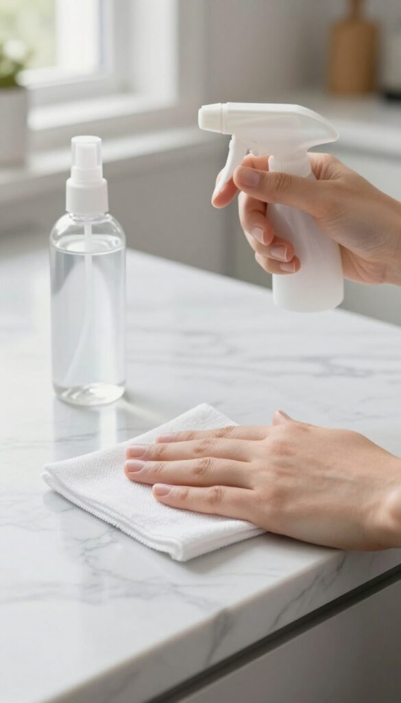 A gloved hand gently wiping a small test patch on a marble countertop with a microfiber cloth and spray bottle in bright natural light