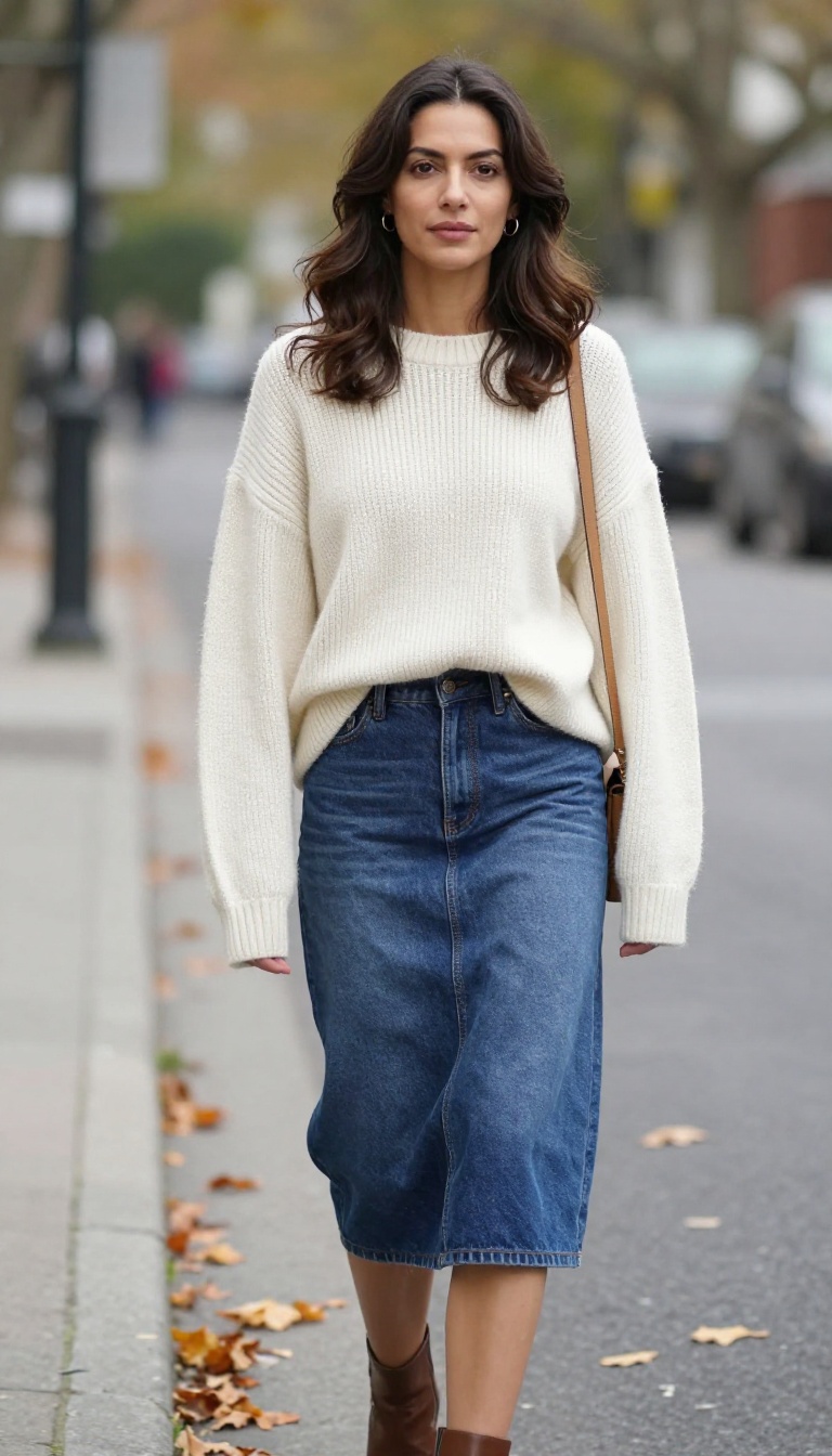 2. Weekend Casual: Denim Skirt and Chunky Sweater