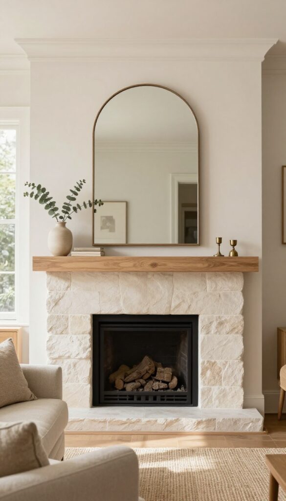 Bright living room with an oversized arched mirror above a light wood fireplace mantel, styled with a small vase, books, and candlestick, reflecting natural light into a cozy seating area.