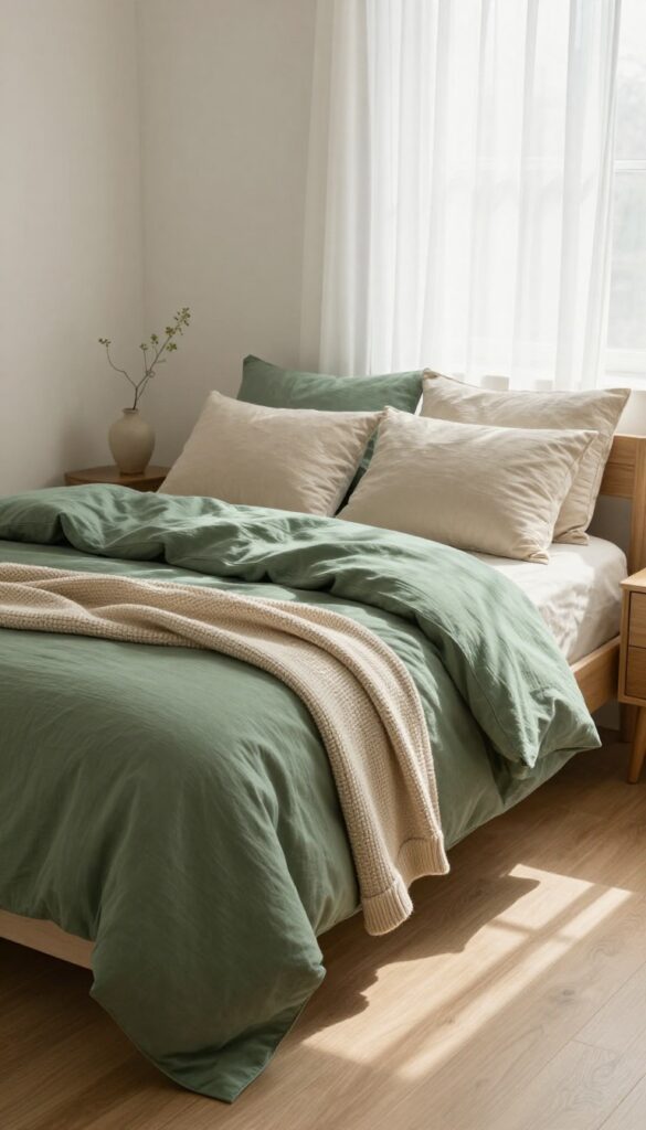 Cozy bedroom with layered forest green bedding, lighter sheets, and soft pillows in bright natural light