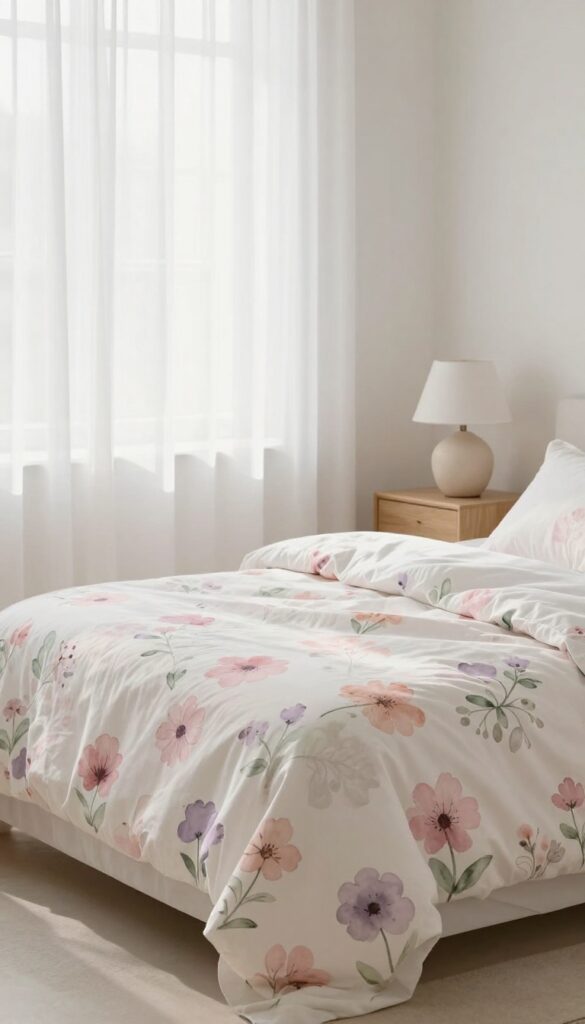 Bright bedroom with a soft watercolor floral comforter in blended pastel tones, styled with sheer curtains and a light throw for an airy artistic look.