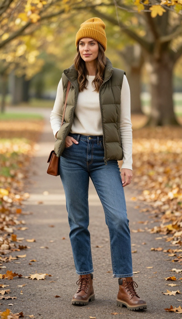 15. Straight Jeans with a Puffer Vest and Hiking Boots
