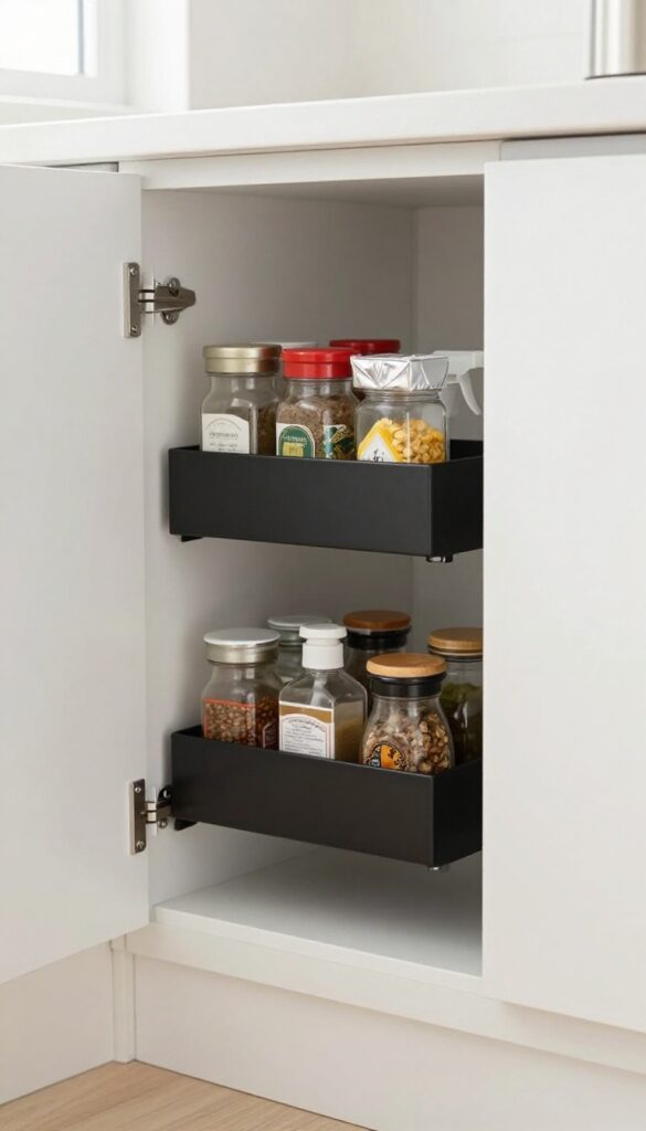 Slim black door-mounted storage rack on the inside of an open white kitchen cabinet door holding spices, foil, and cleaning supplies in bright natural light.