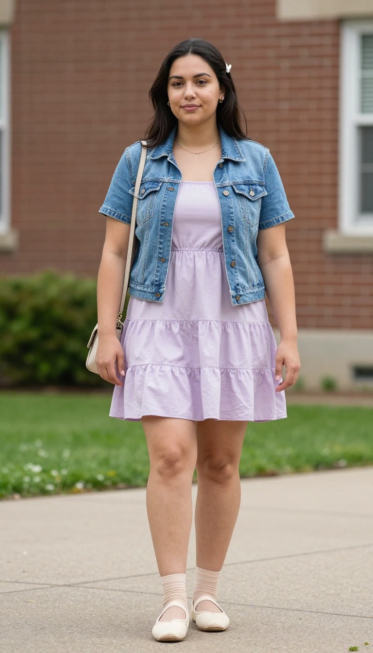 11. Tiered Mini Dress + Denim Jacket + Ballet Flats