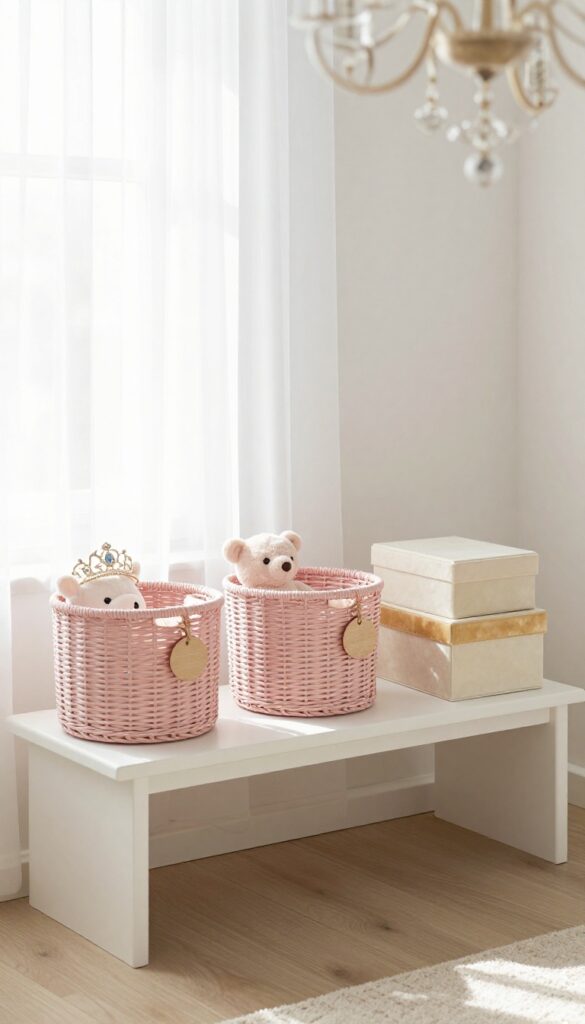 Elegant princess bedroom storage corner with matching blush pink woven baskets and velvet boxes on a low white bench in bright natural light