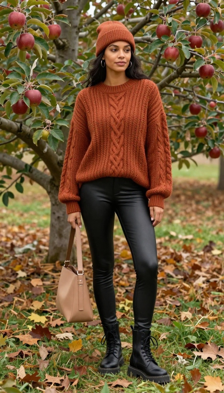 3. Chunky Knit Sweater + Leather Leggings + Combat Boots