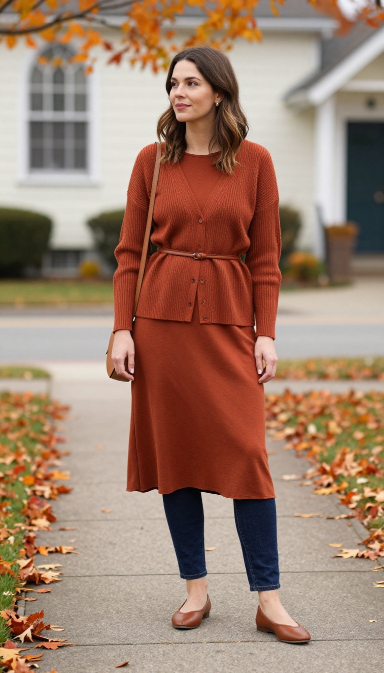4. Midi Skirt Over Jeans with a Belted Cardigan