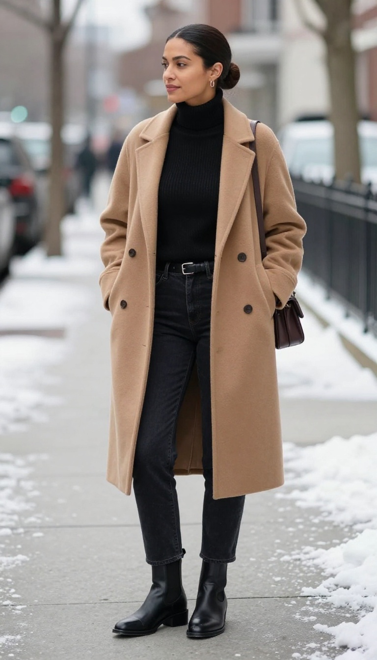 3. Long Wool Coat Over a Turtleneck with Dark Wash Jeans and Chelsea Boots