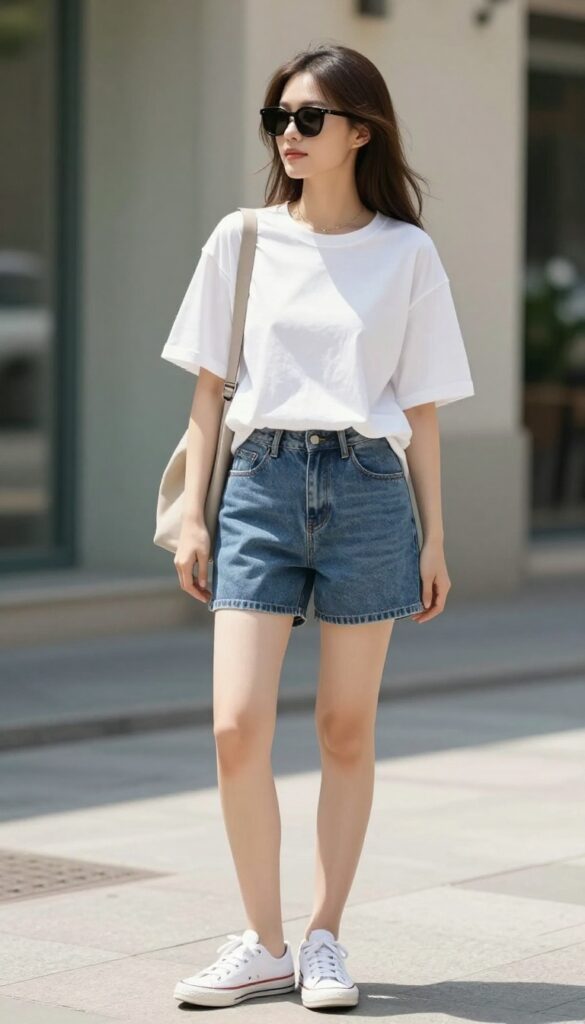 Woman wearing an oversized white t-shirt tucked into fitted high-waisted denim shorts with white sneakers and a crossbody bag, standing outdoors in bright natural light