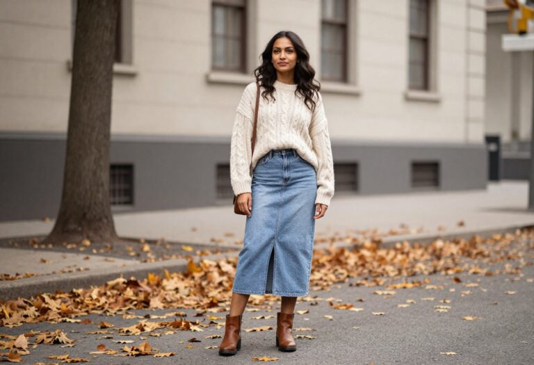 Woman wearing a light wash denim skirt with an oversized cream sweater and ankle boots, standing on an autumn street.