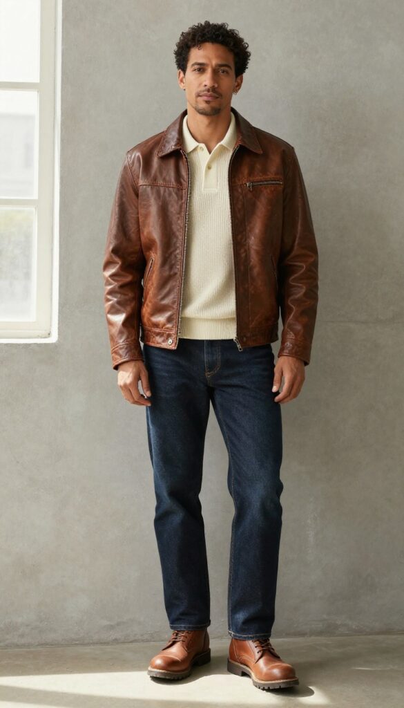 Man in brown leather jacket, knit polo, dark denim, and work boots standing against a gray wall
