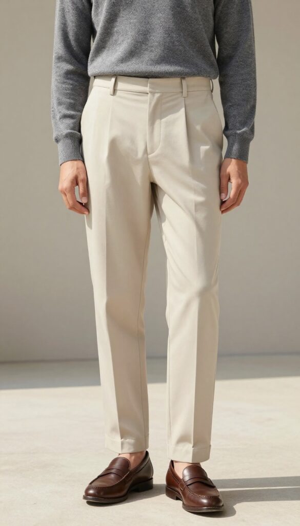 Man wearing high-rise pleated trousers with a tucked-in knit sweater and leather loafers, showcasing a classic tailored silhouette.