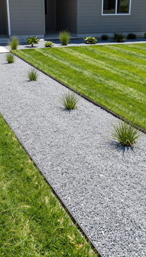 A large front yard with a green lawn contrasting with a clean gray gravel section bordered by metal edging and small shrubs under bright natural light.