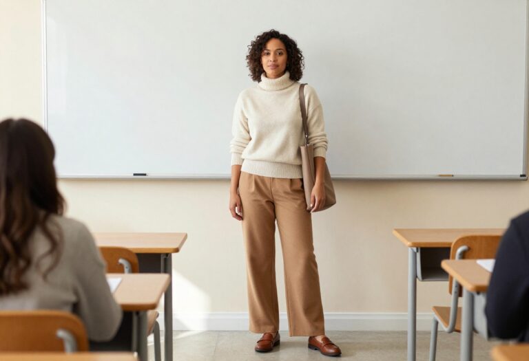 Teacher wearing camel wide-leg trousers and cream turtleneck in a classroom, autumn outfit inspiration.