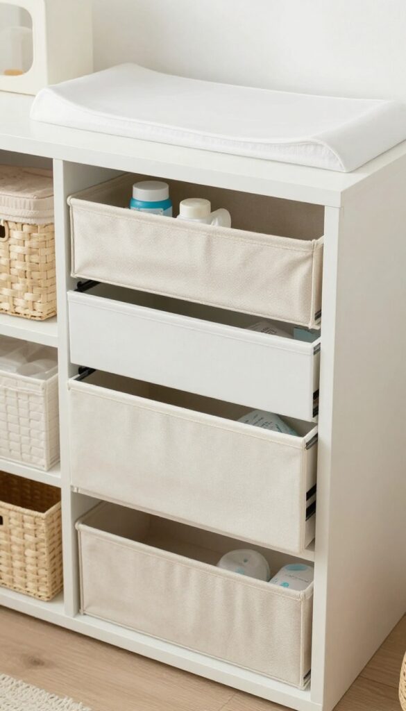 Bright nursery dresser with open drawers showing neatly organized diaper supplies in neutral fabric bins and lidded baskets, keeping the changing station clutter hidden