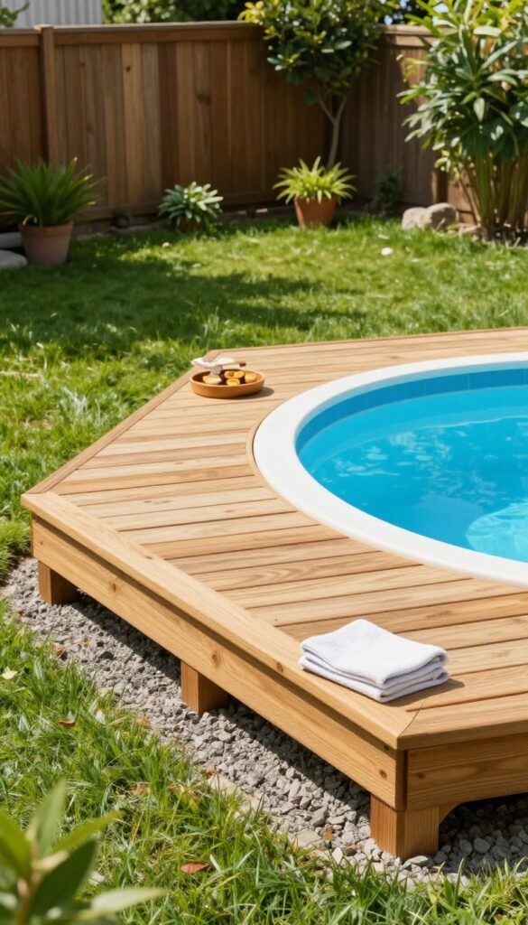 Small DIY wooden corner deck with built-in bench seating beside an above ground pool in a sunny backyard, styled with towels and snacks.