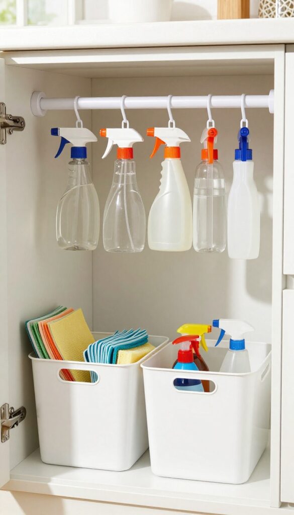 Clean under-sink cabinet with a tension rod holding hanging spray bottles above two matching white storage bins on a lined shelf.