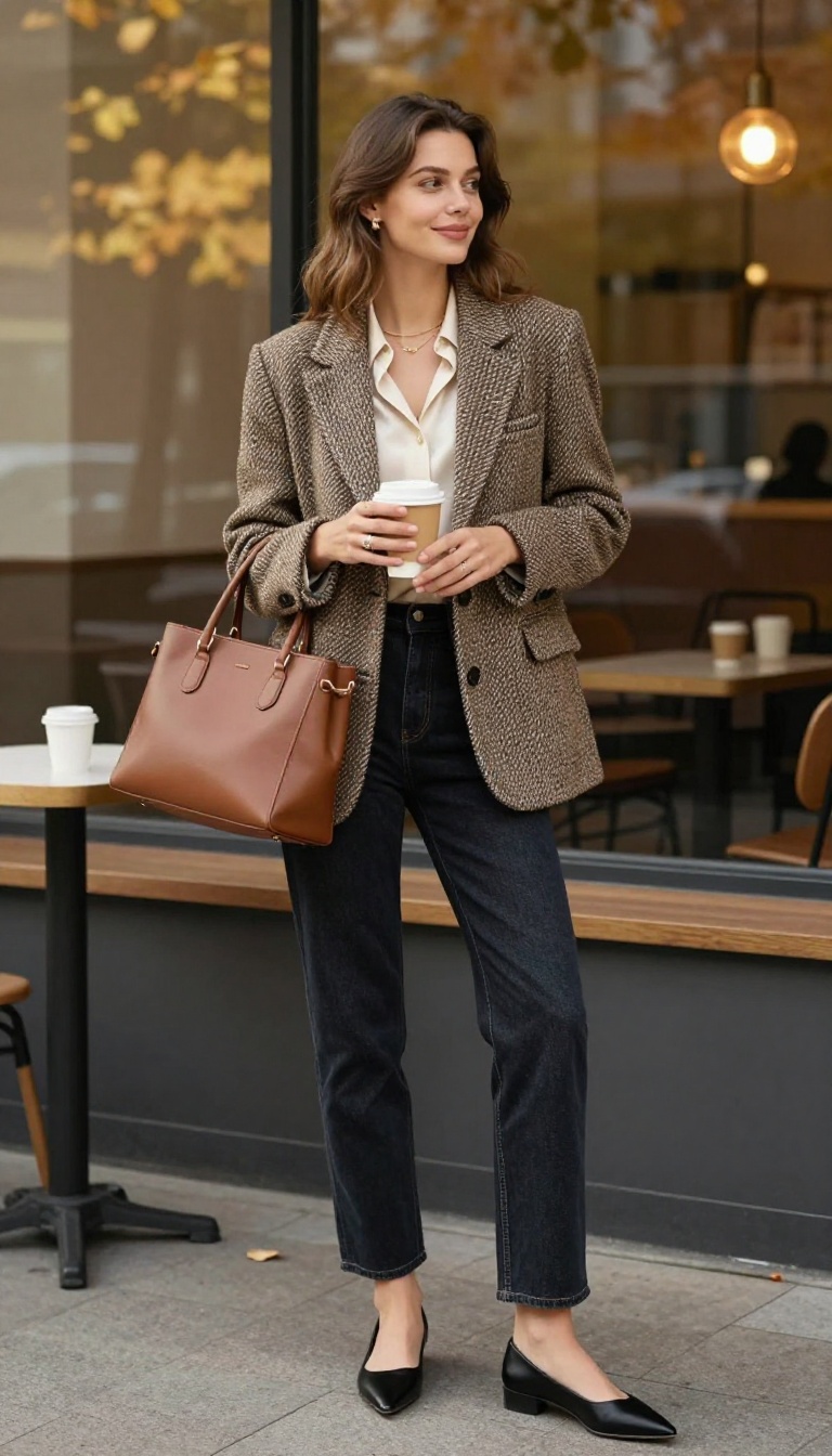 2. Tweed Blazer + Silk Blouse + Dark Denim