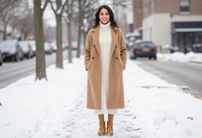 Woman wearing a long cream knit skirt, camel coat, and tan boots standing on a snowy sidewalk.