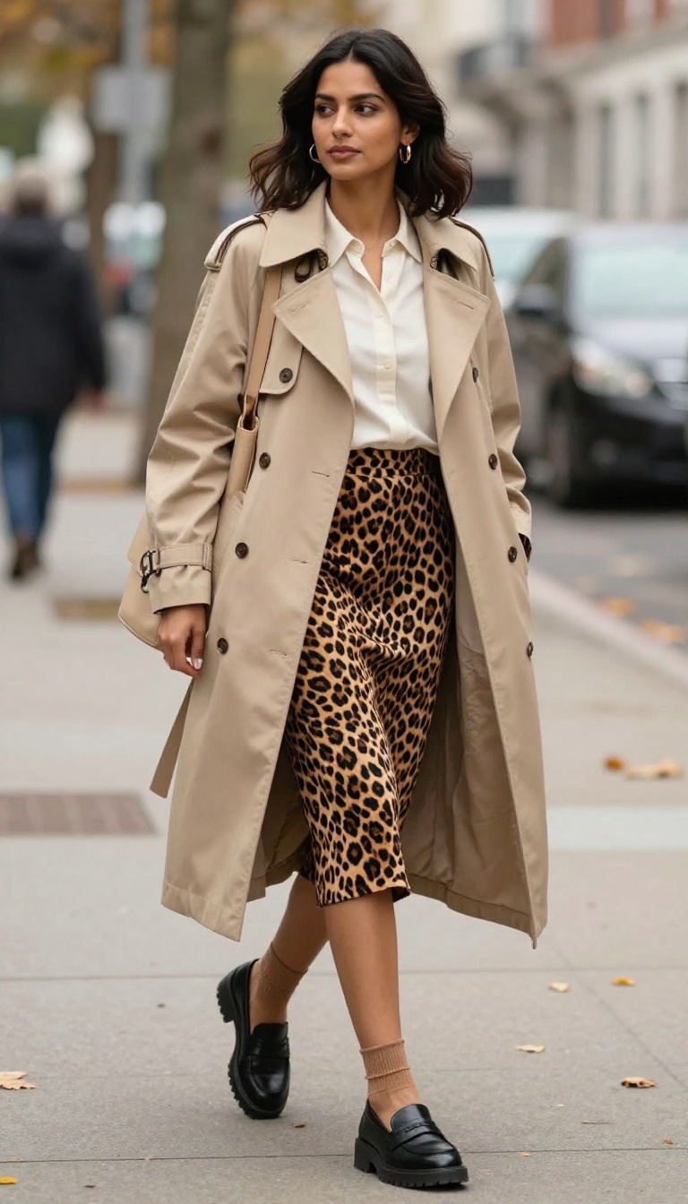 9. Leopard Skirt with a Trench Coat and Loafers