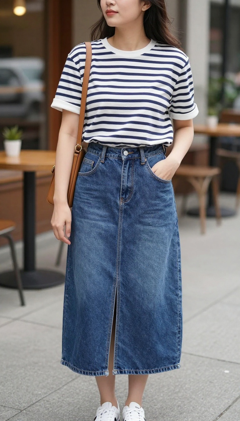 3. Denim Long Skirt with a Striped Tee and Sneakers