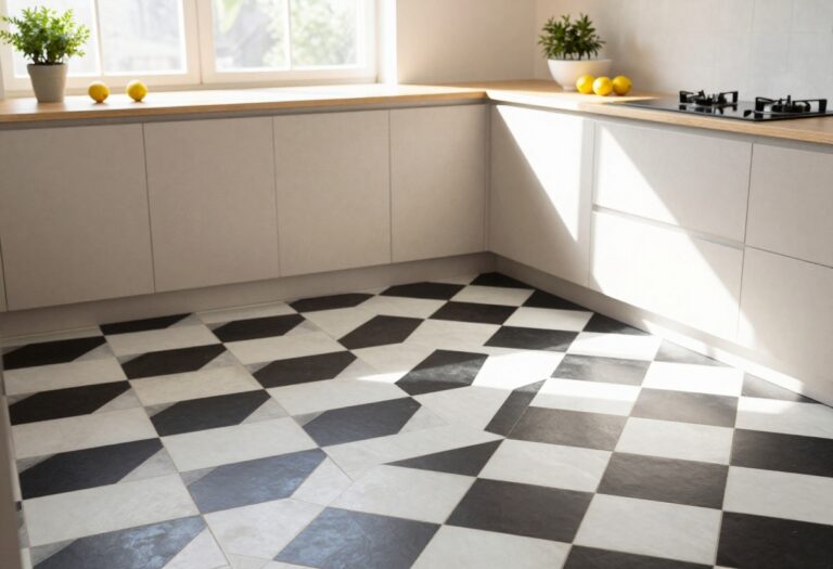 Bright modern kitchen featuring a classic black and white checkerboard tile floor in natural sunlight
