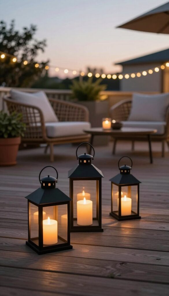 Cluster of black metal lanterns with glowing LED candles arranged on a cozy outdoor deck at dusk, casting warm layered light and soft shadows near seating.