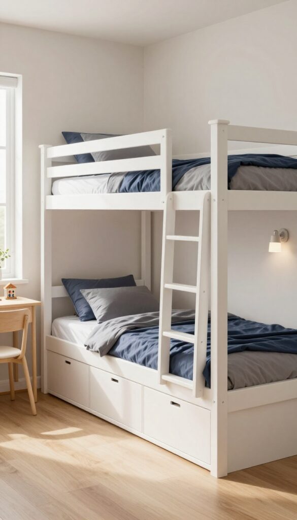 Bright shared boys' bedroom with a white bunk bed that has built-in drawers and side shelves, made with navy and gray bedding, natural light, and open floor space for a desk and toy bin