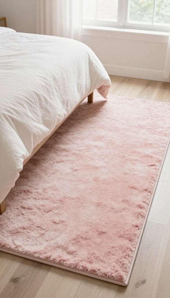 Soft blush pink plush area rug placed under the lower portion of a bed in a bright cozy bedroom with natural light and light hardwood floors