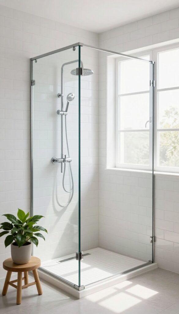 Modern bathroom with an open stand-up shower featuring a single clear glass partition panel, bright natural light, white tile, and minimal chrome fixtures.