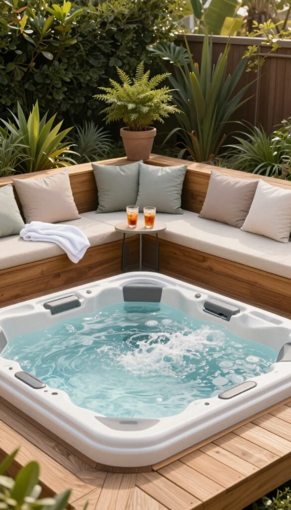 Backyard jacuzzi hot tub built into a wooden deck with built-in bench seating, neutral cushions, towels, and drinks in bright natural light