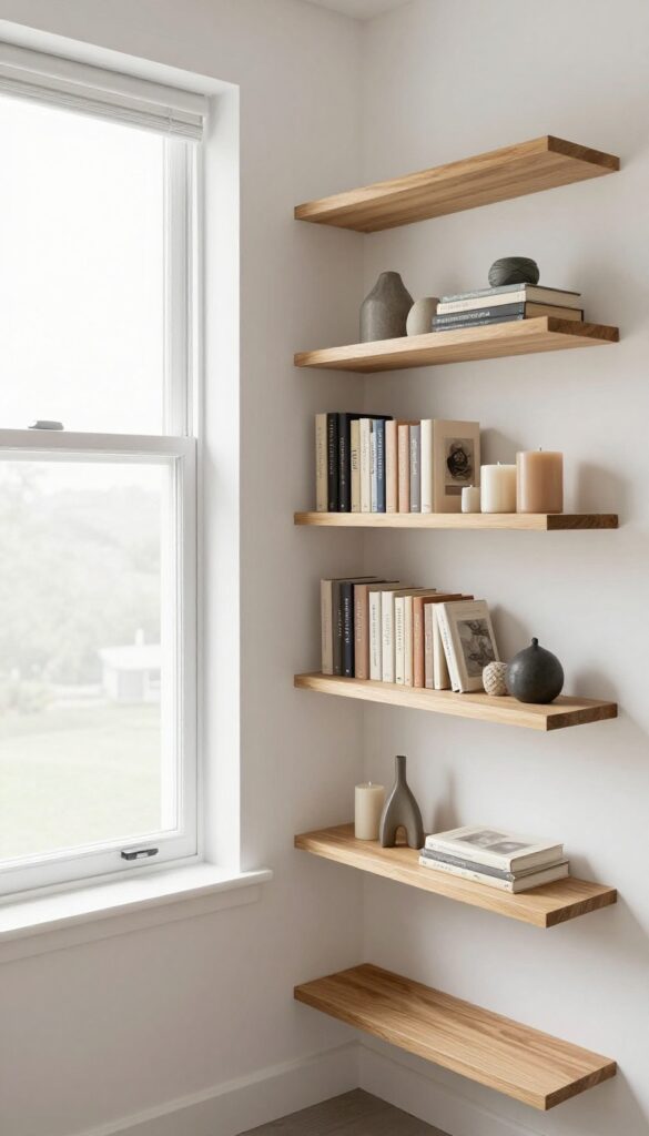 Bright bedroom bay window framed by narrow floating wooden shelves styled with books, candles, and small neutral decor in odd-number groupings