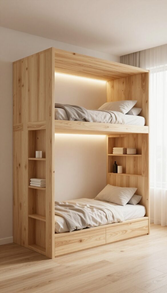 Bright small bedroom with a light wood built-in wall double deck bed, recessed shelving, and soft LED lighting under the top bunk in a clean, uncluttered space.