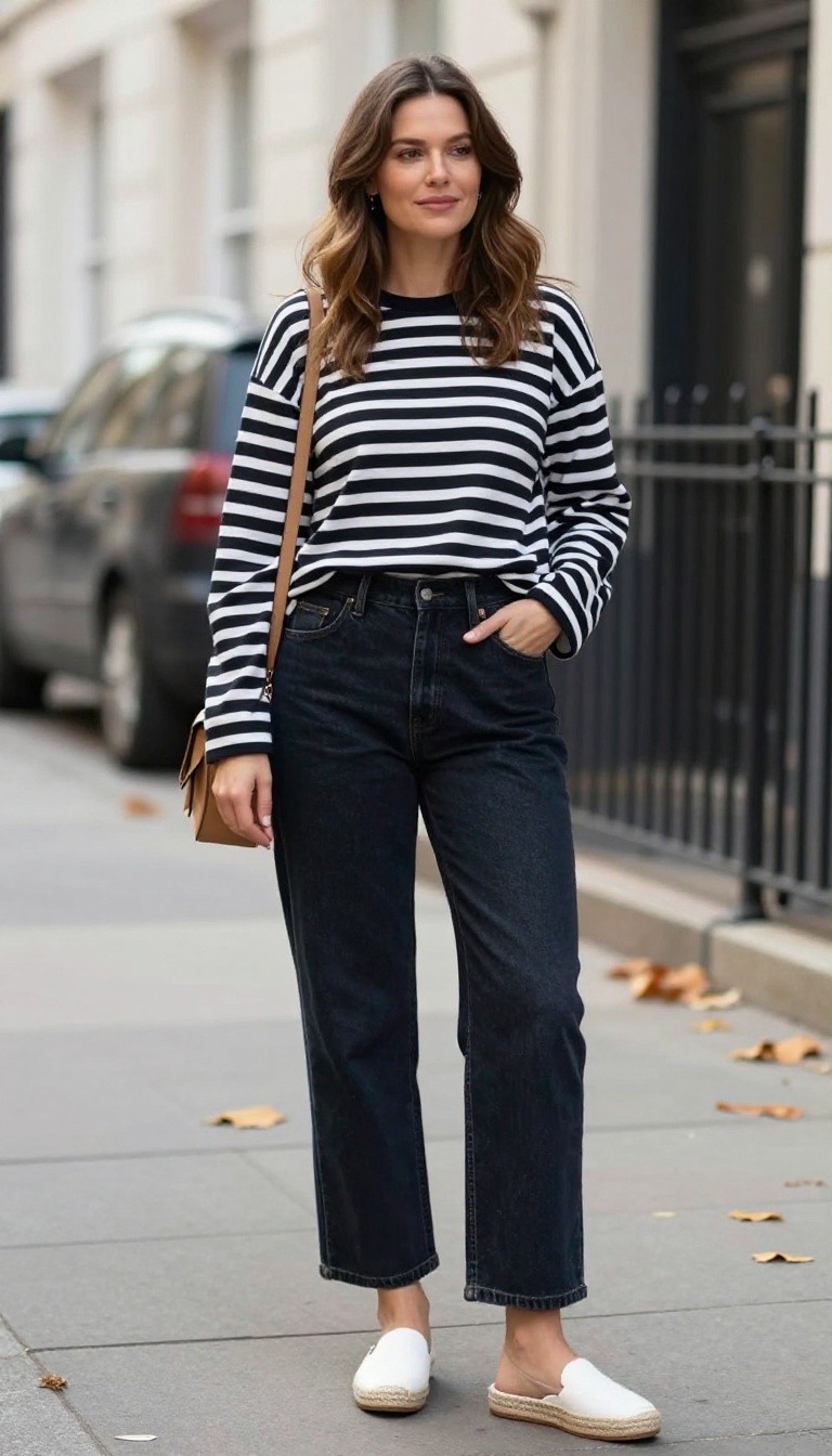 13. Striped Long-Sleeve Tee and Wide-Leg Jeans