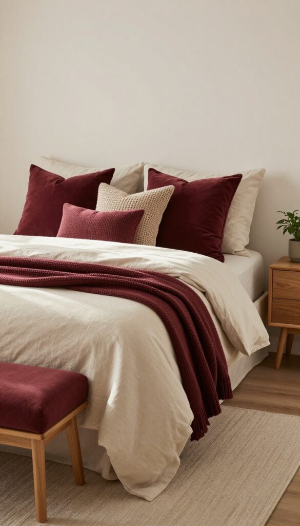Neutral bedroom with maroon velvet, linen, and knit throw pillows on the bed and a matching pillow on a bench, styled with bright natural light.